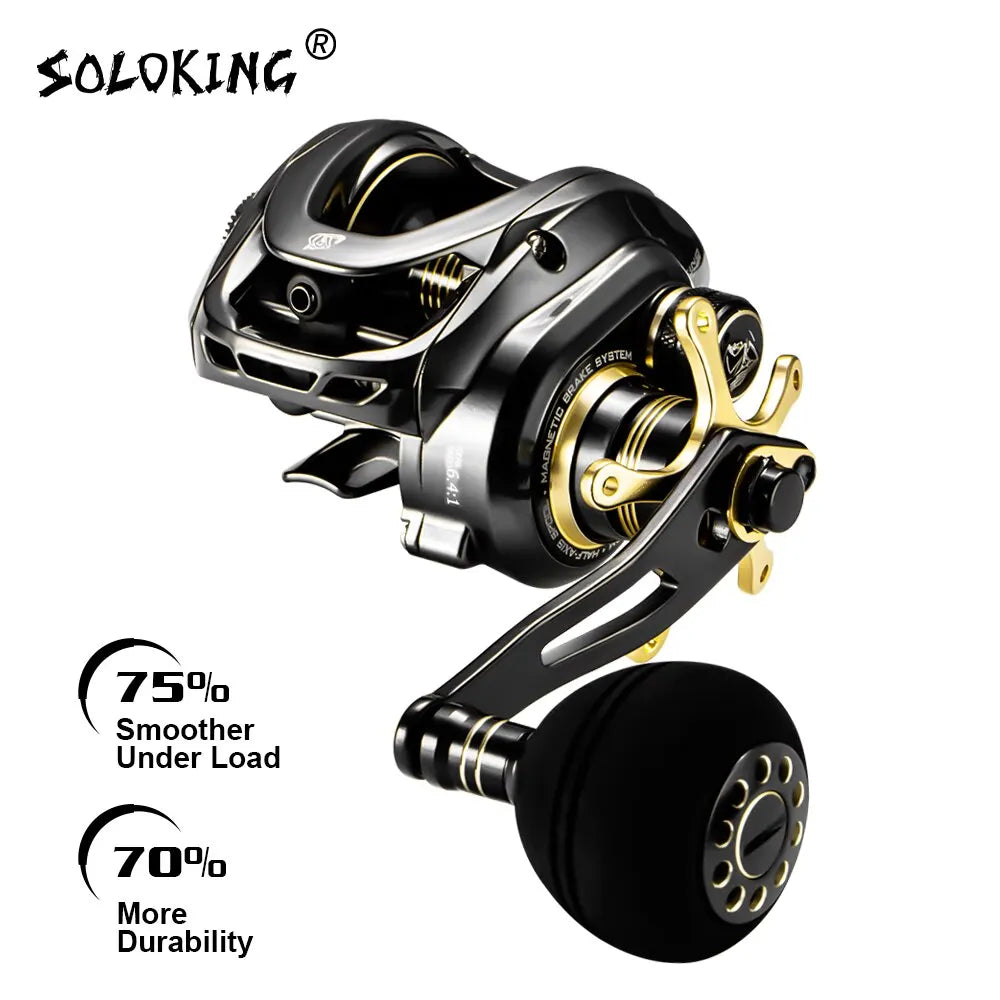 Close-up of the SOLOKING GKA300 Baitcasting Reel showcasing its 9.5KG drag, 10 ball bearings, and single power handle, perfect for freshwater and saltwater fishing.