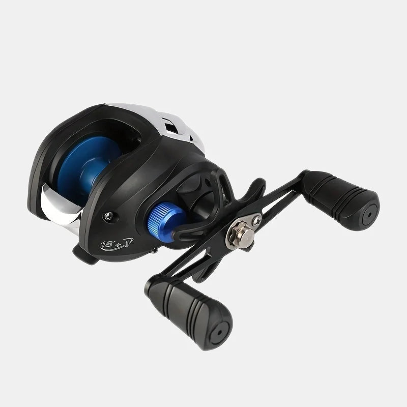 Close-up of the BILLINGS Baitcasting Reel AK Series showcasing its 7.2:1 gear ratio, 18+1 ball bearings, and durable design, ideal for freshwater and saltwater fishing.