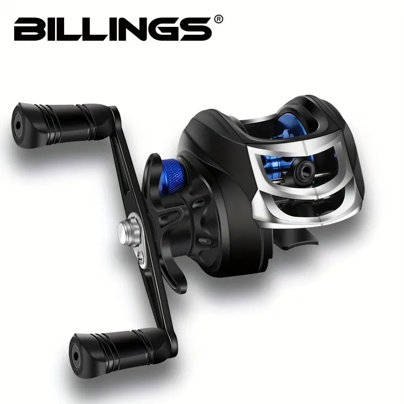 Close-up of the BILLINGS Baitcasting Reel AK Series showcasing its 7.2:1 gear ratio, 18+1 ball bearings, and durable design, ideal for freshwater and saltwater fishing.