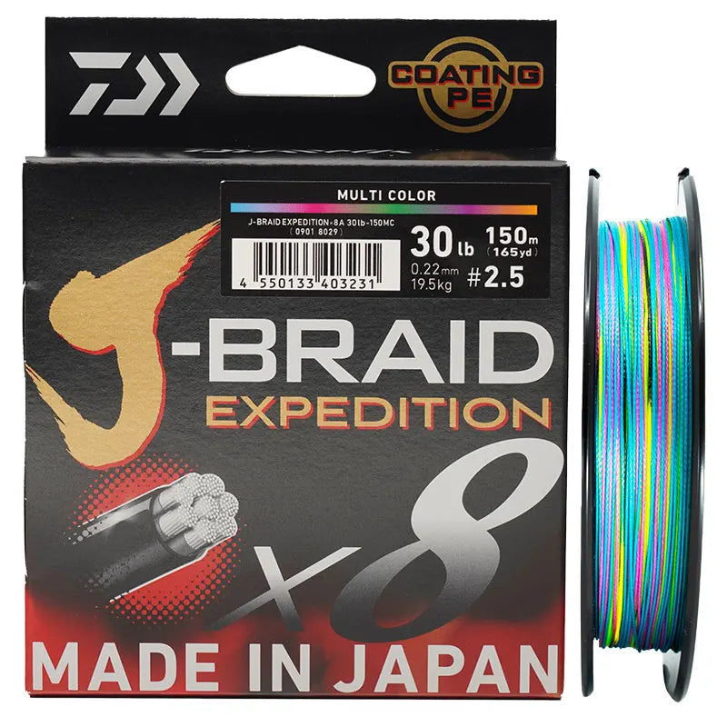 DAIWA J-BRAID X8 braided fishing line in 150m and 300m lengths, featuring 8-strand construction for smooth casting, high strength, and superior sensitivity. Ideal for freshwater and saltwater fishing.