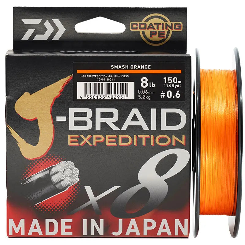 DAIWA J-BRAID X8 braided fishing line in 150m and 300m lengths, featuring 8-strand construction for smooth casting, high strength, and superior sensitivity. Ideal for freshwater and saltwater fishing.