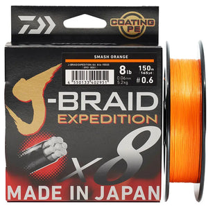 DAIWA J-BRAID X8 braided fishing line in 150m and 300m lengths, featuring 8-strand construction for smooth casting, high strength, and superior sensitivity. Ideal for freshwater and saltwater fishing.