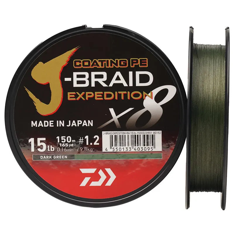 DAIWA J-BRAID X8 braided fishing line in 150m and 300m lengths, featuring 8-strand construction for smooth casting, high strength, and superior sensitivity. Ideal for freshwater and saltwater fishing.