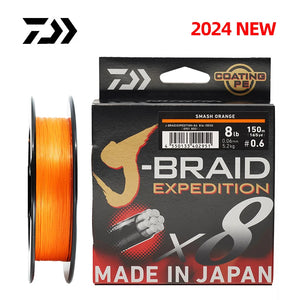 DAIWA J-BRAID X8 braided fishing line in 150m and 300m lengths, featuring 8-strand construction for smooth casting, high strength, and superior sensitivity. Ideal for freshwater and saltwater fishing.