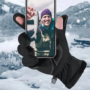 Deep Blue Ice Fishing Gloves designed for winter activities, featuring waterproof protection, skidproof palms, touchscreen-compatible fingertips, and a soft fleece lining. Perfect for ice fishing, skiing, cycling, and outdoor adventures in cold weather.