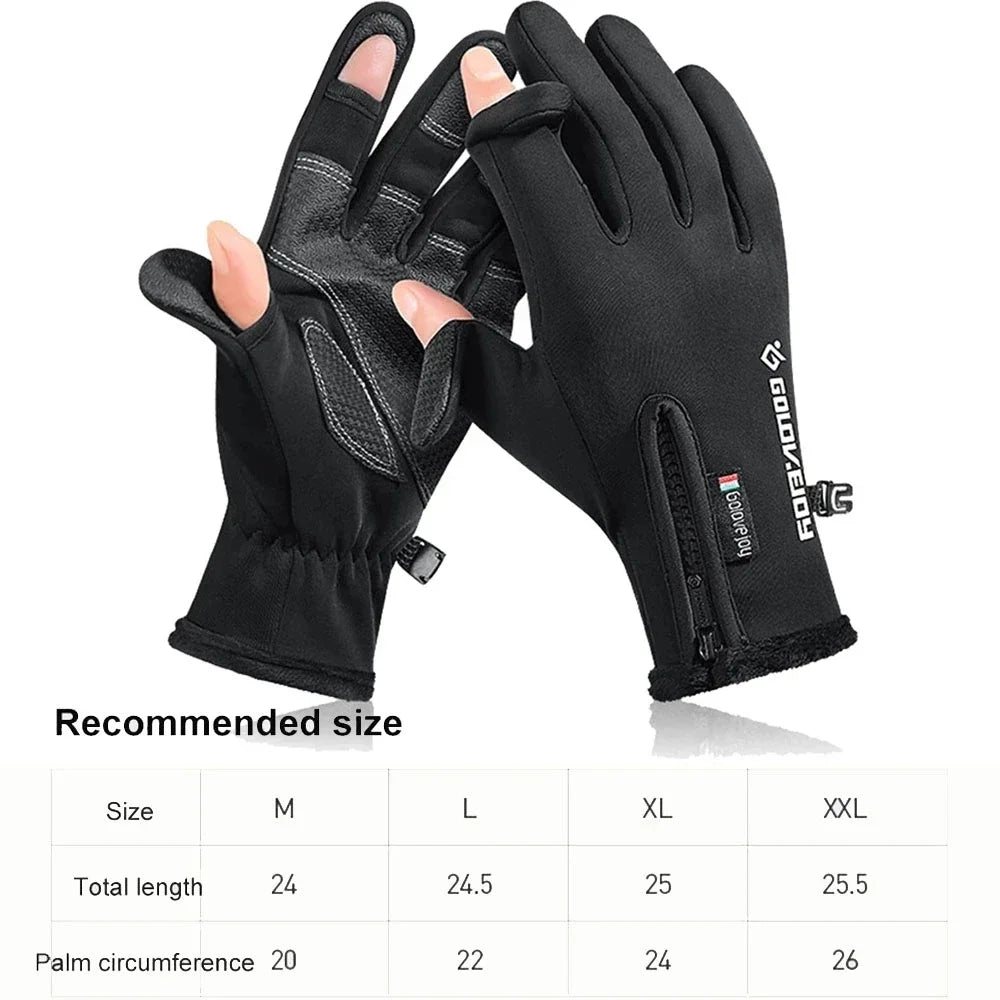 Unisex Touchscreen Fishing Gloves - Fleece Thermal Winter Waterproof - 2 Cut Finger