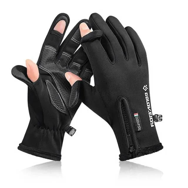 Deep Blue Ice Fishing Gloves designed for winter activities, featuring waterproof protection, skidproof palms, touchscreen-compatible fingertips, and a soft fleece lining. Perfect for ice fishing, skiing, cycling, and outdoor adventures in cold weather.