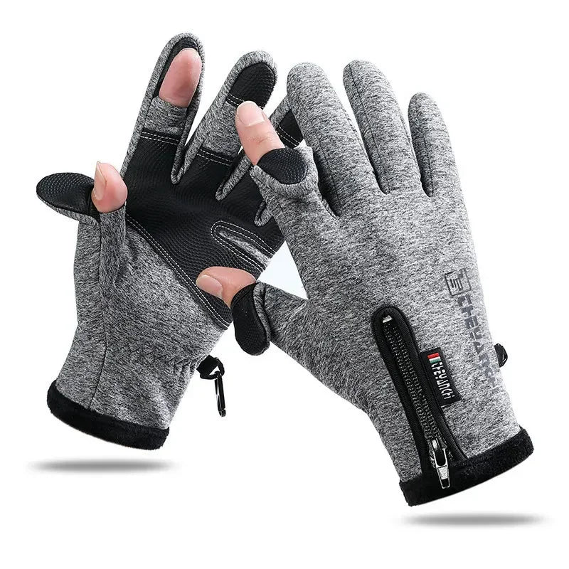 Deep Blue Ice Fishing Gloves designed for winter activities, featuring waterproof protection, skidproof palms, touchscreen-compatible fingertips, and a soft fleece lining. Perfect for ice fishing, skiing, cycling, and outdoor adventures in cold weather.