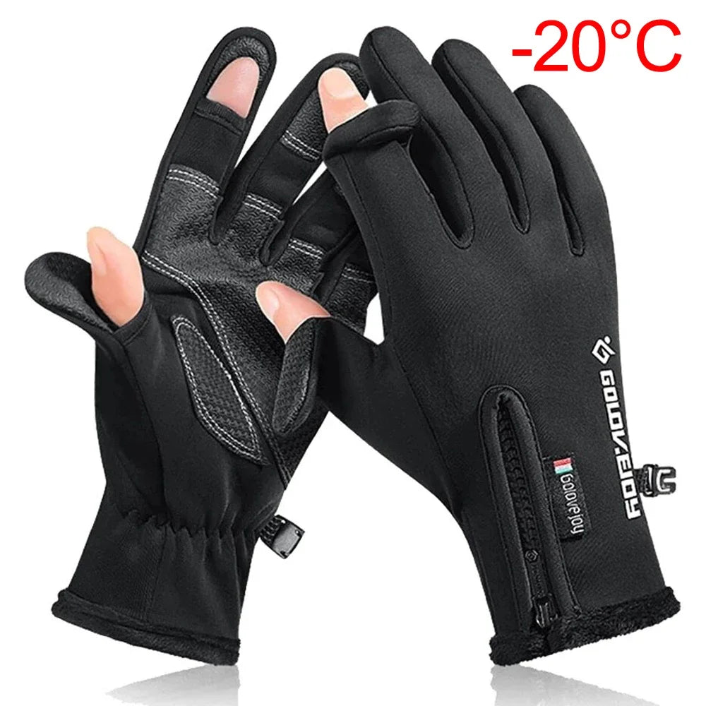 Deep Blue Ice Fishing Gloves designed for winter activities, featuring waterproof protection, skidproof palms, touchscreen-compatible fingertips, and a soft fleece lining. Perfect for ice fishing, skiing, cycling, and outdoor adventures in cold weather.