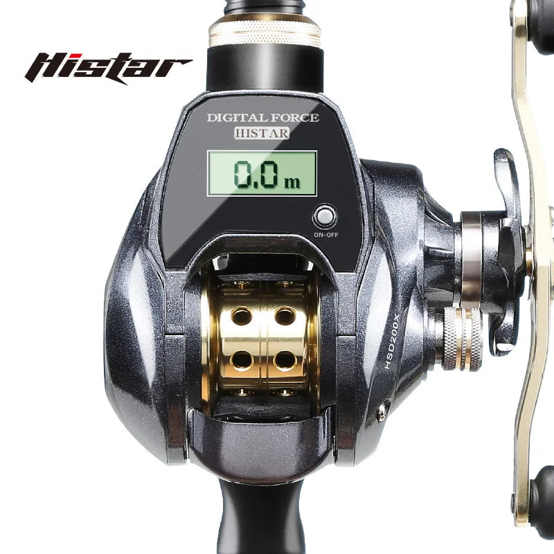 Close-up of the HISTAR Electric Fishing Reel showcasing its digital line meter, waterproof design, metal spool, 10kg drag power, and ceramic line guide for smooth, long casting. Ideal electric fishing reel for freshwater and saltwater fishing.