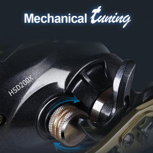 Close-up of the HISTAR Electric Fishing Reel showcasing its digital line meter, waterproof design, metal spool, 10kg drag power, and ceramic line guide for smooth, long casting. Ideal electric fishing reel for freshwater and saltwater fishing.