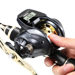 Close-up of the HISTAR Electric Fishing Reel showcasing its digital line meter, waterproof design, metal spool, 10kg drag power, and ceramic line guide for smooth, long casting. Ideal electric fishing reel for freshwater and saltwater fishing.