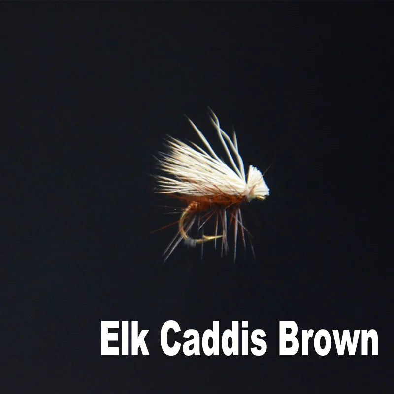 Abound Elk Hair Caddis Dry Flies - 6 Pack, Size 14, Brown/Tan, premium fly fishing lures for trout, steelhead, and grayling with natural elk hair for superior buoyancy.