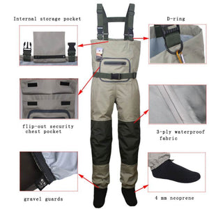 Fishing Chest Waders - Waterproof, Breathable 3-Layer Fabric with Insulated Rubber-Soled Boots, Adjustable Straps, and Chest Pocket for Tackle Storage, Ideal for Freshwater and Saltwater Angling