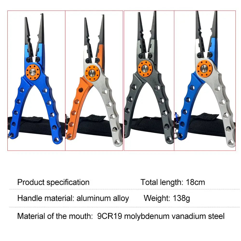 Multifunctional aluminum alloy fishing pliers with line cutter, knot tool, and hook remover for versatile freshwater and saltwater fishing.