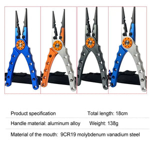 Multifunctional aluminum alloy fishing pliers with line cutter, knot tool, and hook remover for versatile freshwater and saltwater fishing.