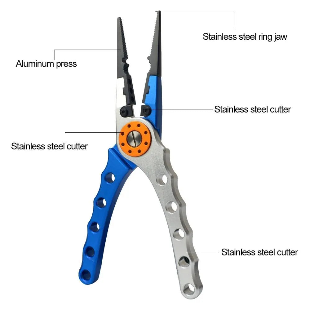 Multifunctional aluminum alloy fishing pliers with line cutter, knot tool, and hook remover for versatile freshwater and saltwater fishing.