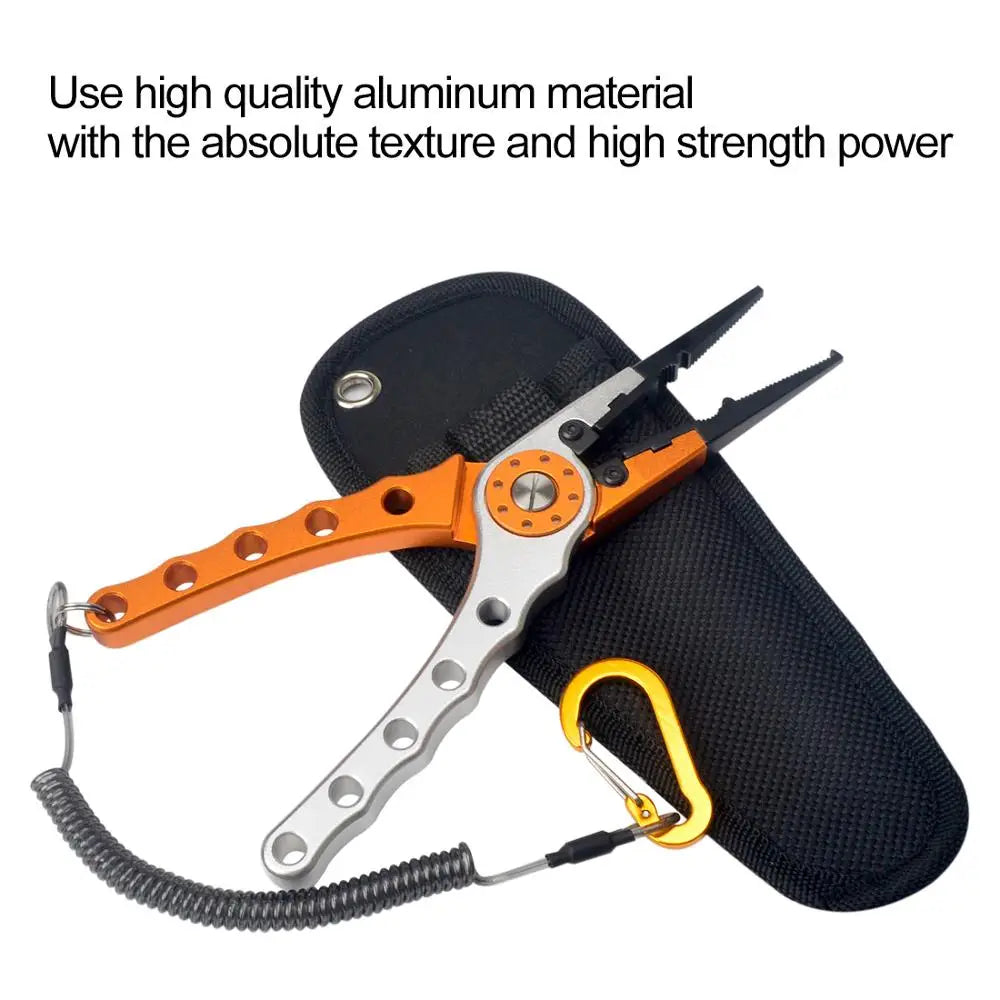 Multifunctional aluminum alloy fishing pliers with line cutter, knot tool, and hook remover for versatile freshwater and saltwater fishing.