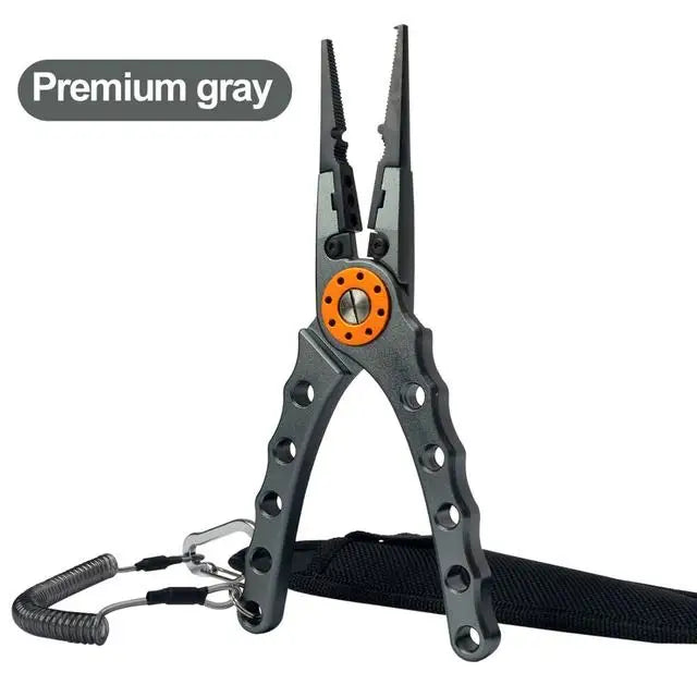 Multifunctional aluminum alloy fishing pliers with line cutter, knot tool, and hook remover for versatile freshwater and saltwater fishing.