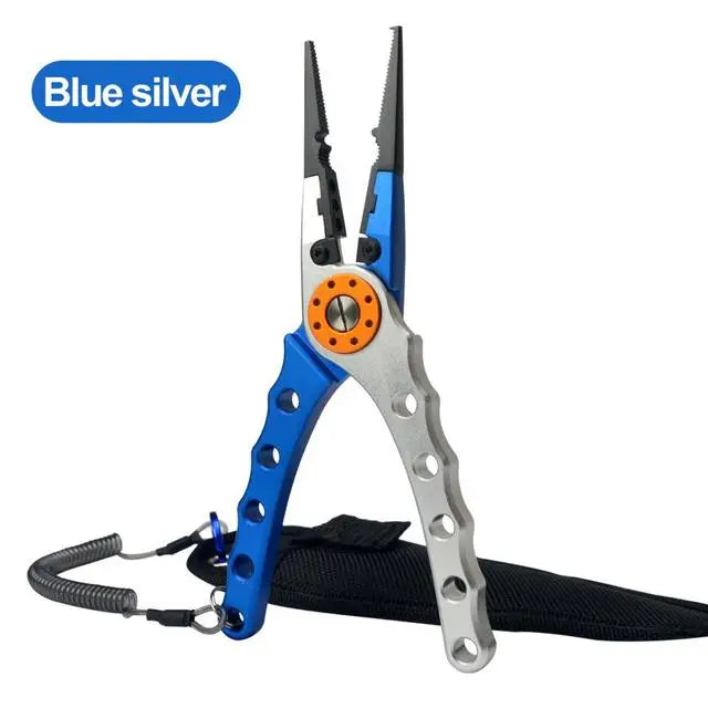 Multifunctional aluminum alloy fishing pliers with line cutter, knot tool, and hook remover for versatile freshwater and saltwater fishing.