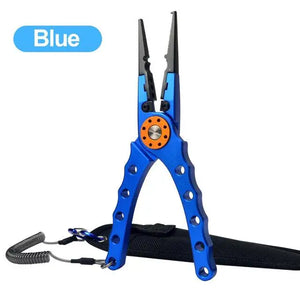 Multifunctional aluminum alloy fishing pliers with line cutter, knot tool, and hook remover for versatile freshwater and saltwater fishing.