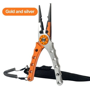 Multifunctional aluminum alloy fishing pliers with line cutter, knot tool, and hook remover for versatile freshwater and saltwater fishing.