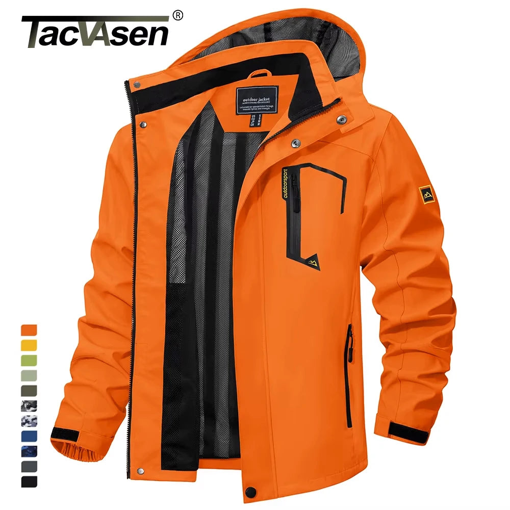 Lightweight waterproof fishing raincoat for men, featuring windproof design, breathable fabric, detachable hood, and multiple zippered pockets for fishing gear and outdoor essentials. Perfect for fishing, hiking, and all-weather adventures.