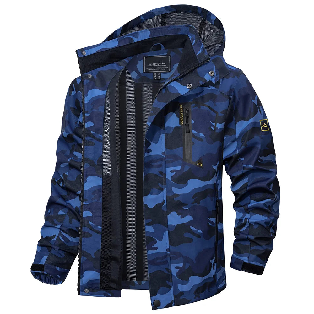 Lightweight waterproof fishing raincoat for men, featuring windproof design, breathable fabric, detachable hood, and multiple zippered pockets for fishing gear and outdoor essentials. Perfect for fishing, hiking, and all-weather adventures.