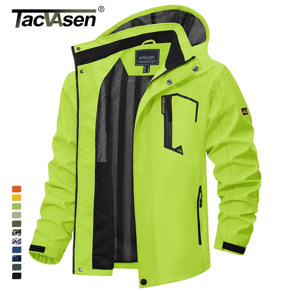 Lightweight waterproof fishing raincoat for men, featuring windproof design, breathable fabric, detachable hood, and multiple zippered pockets for fishing gear and outdoor essentials. Perfect for fishing, hiking, and all-weather adventures.