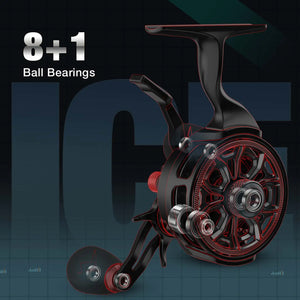 Piscifun ICX Carbon Ice Fishing Reel with lightweight carbon fiber frame, 8+1 shielded bearings, high-speed 3.2:1 gear ratio, magnetic adjustable drag system, and dual-mode trigger for versatile ice fishing performance.