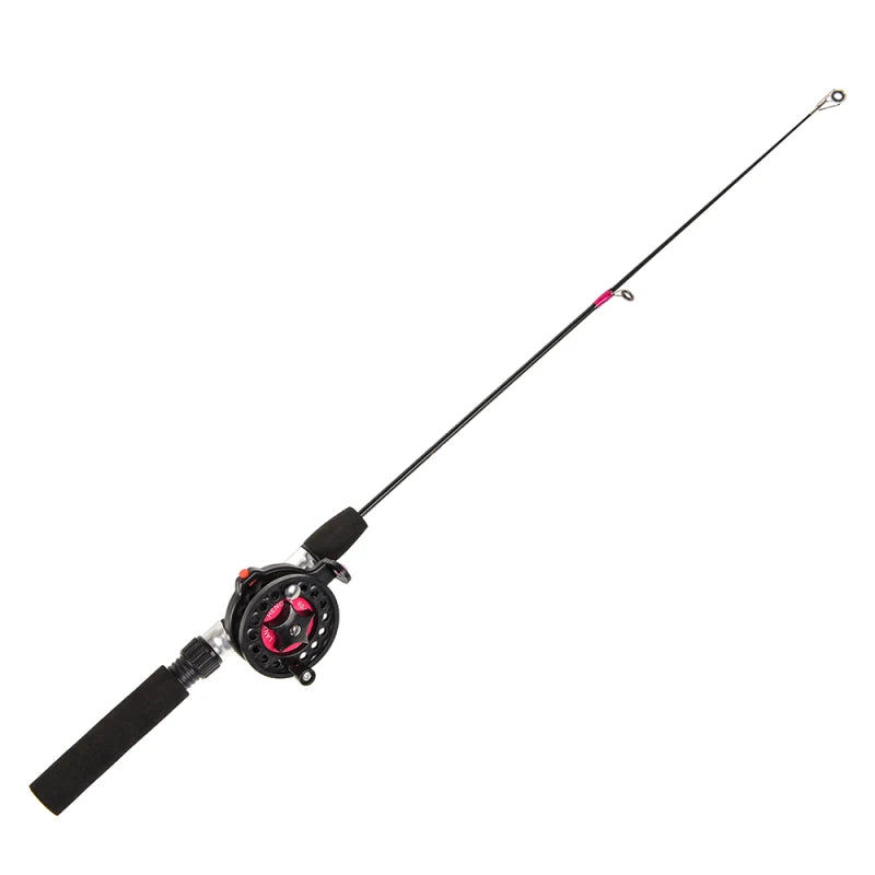 VKTECH ice fishing rod with reel combo set, featuring a lightweight and portable telescopic design ideal for winter fishing. This compact fishing rod offers smooth performance with durable FRP fiber construction and an EVA foam handle for comfort. Perfect for targeting trout, panfish, and small game fish during ice fishing adventures.