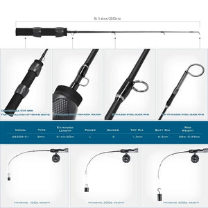 Ultralight ice fishing rod with reel, 51cm, perfect for winter fishing adventures. Portable, durable, and multifunctional, ideal for catching fish of all sizes during ice fishing, stream fishing, or boat fishing. Compact enough to fit in backpacks, making it a great choice for outdoor travel and family fishing activities.