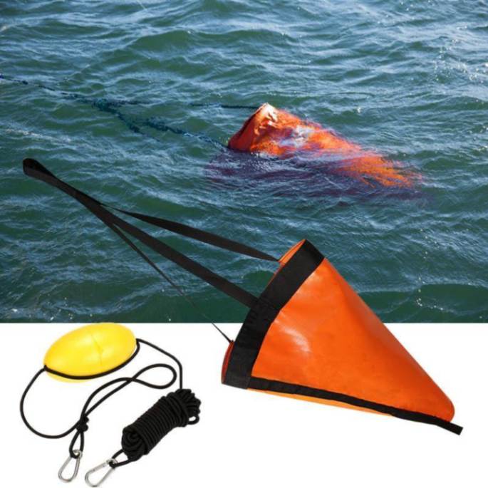 Orange 32-inch kayak anchor drift sock with 30ft tow rope, designed for kayak stability in windy conditions and strong currents. Made from durable PVC rip-stop fabric with reinforced webbing, this high-visibility kayak drift anchor is ideal for kayaks, small fishing boats, canoes, and jet skis in freshwater and saltwater environments.