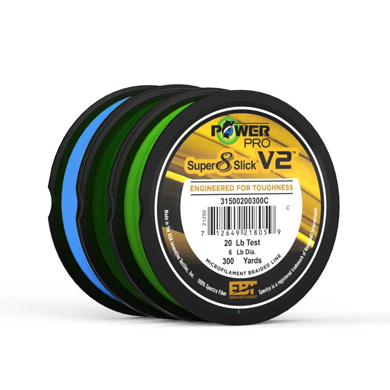 Power Pro SSV2 275M braided fishing line made with 8 strands of Spectra fiber for high strength, smooth casting, and excellent sensitivity. Ideal for freshwater and saltwater fishing, providing superior durability and performance.