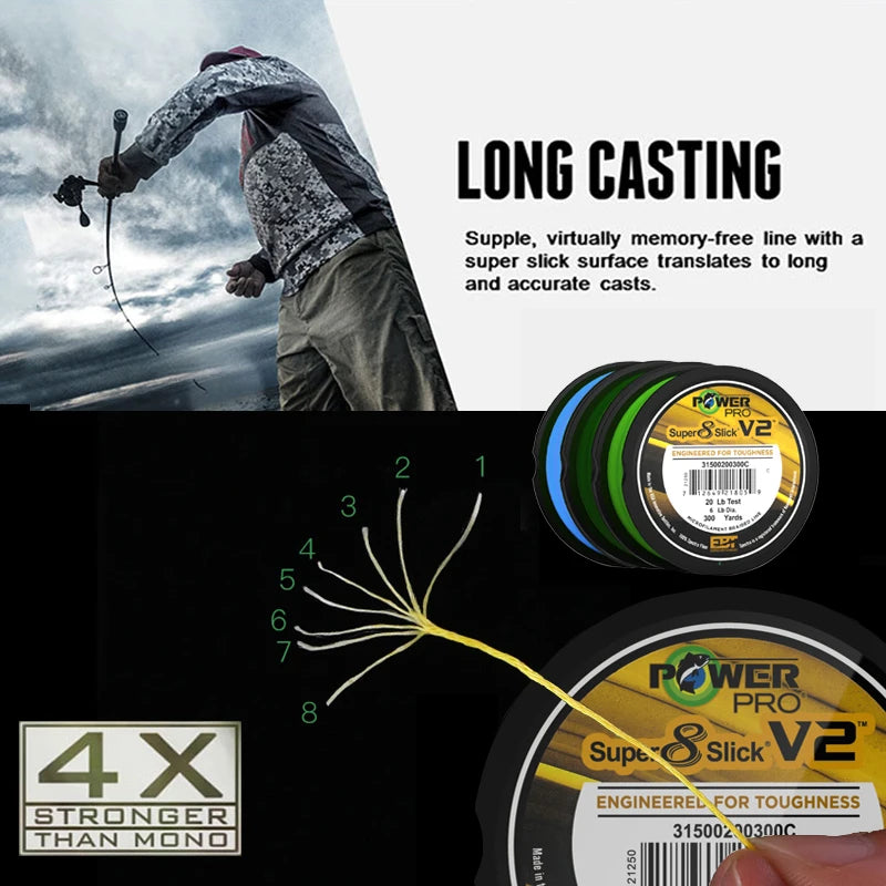 Power Pro SSV2 275M braided fishing line made with 8 strands of Spectra fiber for high strength, smooth casting, and excellent sensitivity. Ideal for freshwater and saltwater fishing, providing superior durability and performance.