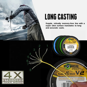 Power Pro SSV2 275M braided fishing line made with 8 strands of Spectra fiber for high strength, smooth casting, and excellent sensitivity. Ideal for freshwater and saltwater fishing, providing superior durability and performance.