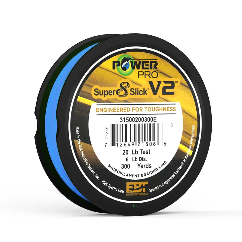 Power Pro SSV2 275M braided fishing line made with 8 strands of Spectra fiber for high strength, smooth casting, and excellent sensitivity. Ideal for freshwater and saltwater fishing, providing superior durability and performance.