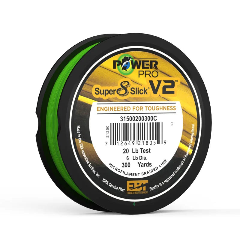 Power Pro SSV2 275M braided fishing line made with 8 strands of Spectra fiber for high strength, smooth casting, and excellent sensitivity. Ideal for freshwater and saltwater fishing, providing superior durability and performance.