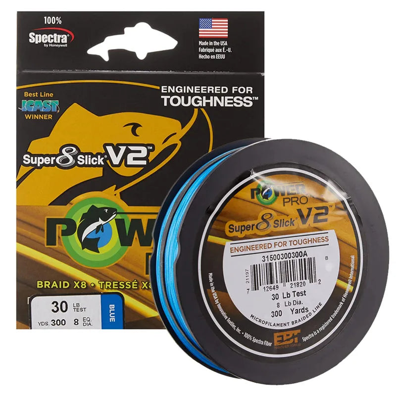 Power Pro SSV2 275M braided fishing line made with 8 strands of Spectra fiber for high strength, smooth casting, and excellent sensitivity. Ideal for freshwater and saltwater fishing, providing superior durability and performance.