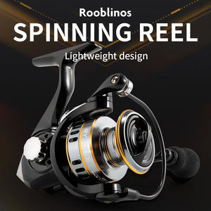 ROOBLINOS RY Spinning Reel with ultralight metal frame, high-speed retrieval, and smooth operation. Durable and versatile for saltwater and freshwater fishing, ideal for targeting bass, trout, and large game fish. Reliable choice for beginner and seasoned anglers.