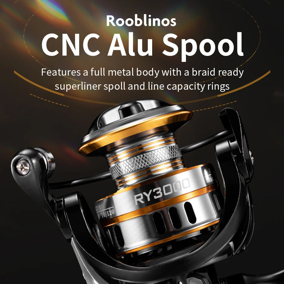 ROOBLINOS RY Spinning Reel with ultralight metal frame, high-speed retrieval, and smooth operation. Durable and versatile for saltwater and freshwater fishing, ideal for targeting bass, trout, and large game fish. Reliable choice for beginner and seasoned anglers.