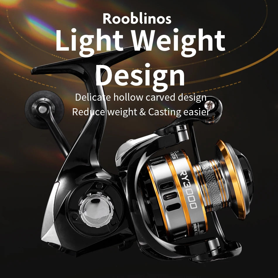 ROOBLINOS RY Spinning Reel with ultralight metal frame, high-speed retrieval, and smooth operation. Durable and versatile for saltwater and freshwater fishing, ideal for targeting bass, trout, and large game fish. Reliable choice for beginner and seasoned anglers.