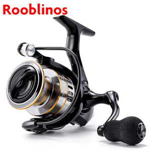 Close-up of the ROOBLINOS RY Spinning Reel featuring its ultralight metal frame, designed for smooth, high-speed performance in both saltwater and freshwater fishing.