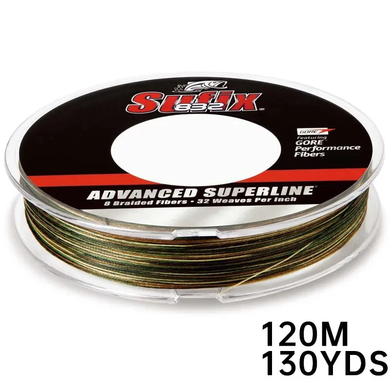 Sufix 832 braided fishing line with 8-fiber construction, 120m/130yds length, and 0.1mm-0.42mm diameter. Designed for superior strength, sensitivity, and abrasion resistance in freshwater and saltwater fishing.