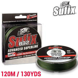 Sufix 832 braided fishing line with 8-fiber construction, 120m/130yds length, and 0.1mm-0.42mm diameter. Designed for superior strength, sensitivity, and abrasion resistance in freshwater and saltwater fishing.