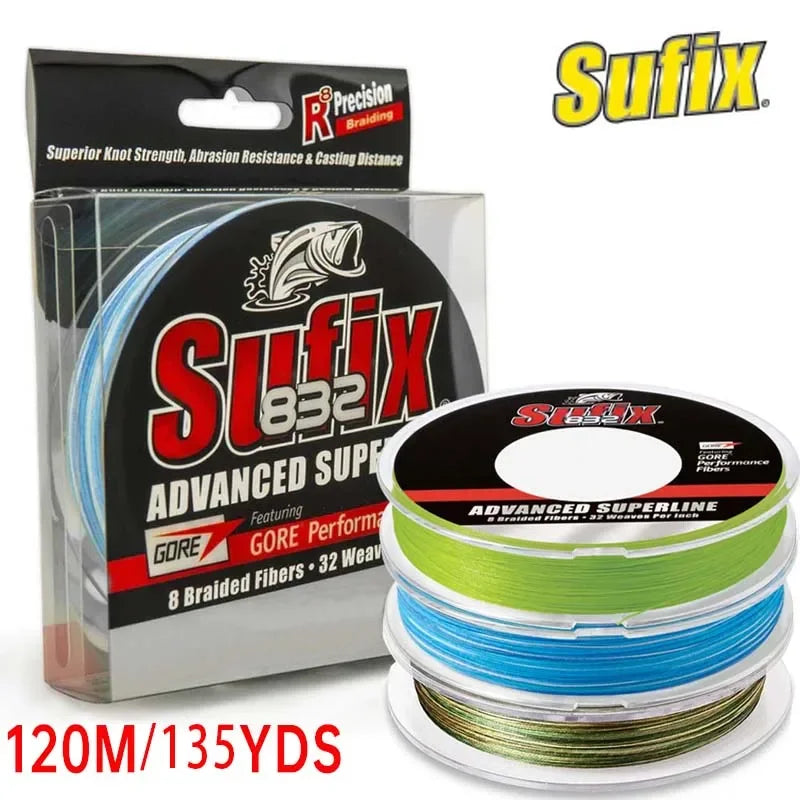 Sufix 832 braided fishing line with 8-fiber construction, 120m/130yds length, and 0.1mm-0.42mm diameter. Designed for superior strength, sensitivity, and abrasion resistance in freshwater and saltwater fishing.