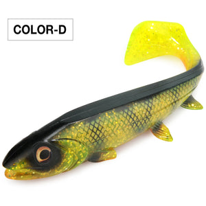 Spinpoler Bombshad Square Tail Swimbait – Premium soft fishing lure with a unique square tail paddle for maximum water displacement, lifelike 3D eyes, and realistic rolling action. Designed for catching big pike, bass, musky, walleye, and saltwater predators in lakes, rivers, reservoirs, and coastal waters.