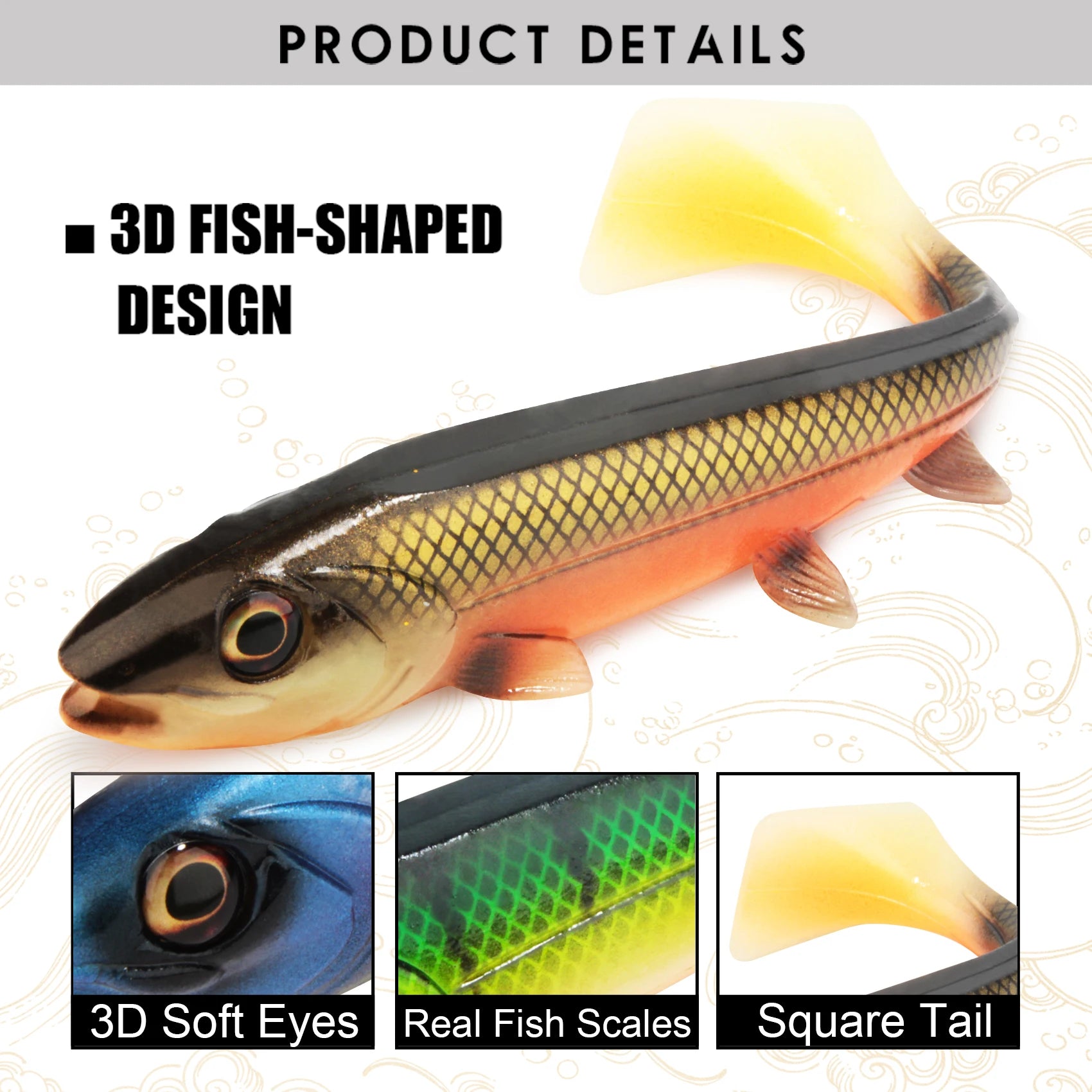 Spinpoler Bombshad Square Tail Swimbait – Premium soft fishing lure with a unique square tail paddle for maximum water displacement, lifelike 3D eyes, and realistic rolling action. Designed for catching big pike, bass, musky, walleye, and saltwater predators in lakes, rivers, reservoirs, and coastal waters.