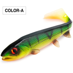 Spinpoler Bombshad Square Tail Swimbait – Premium soft fishing lure with a unique square tail paddle for maximum water displacement, lifelike 3D eyes, and realistic rolling action. Designed for catching big pike, bass, musky, walleye, and saltwater predators in lakes, rivers, reservoirs, and coastal waters.