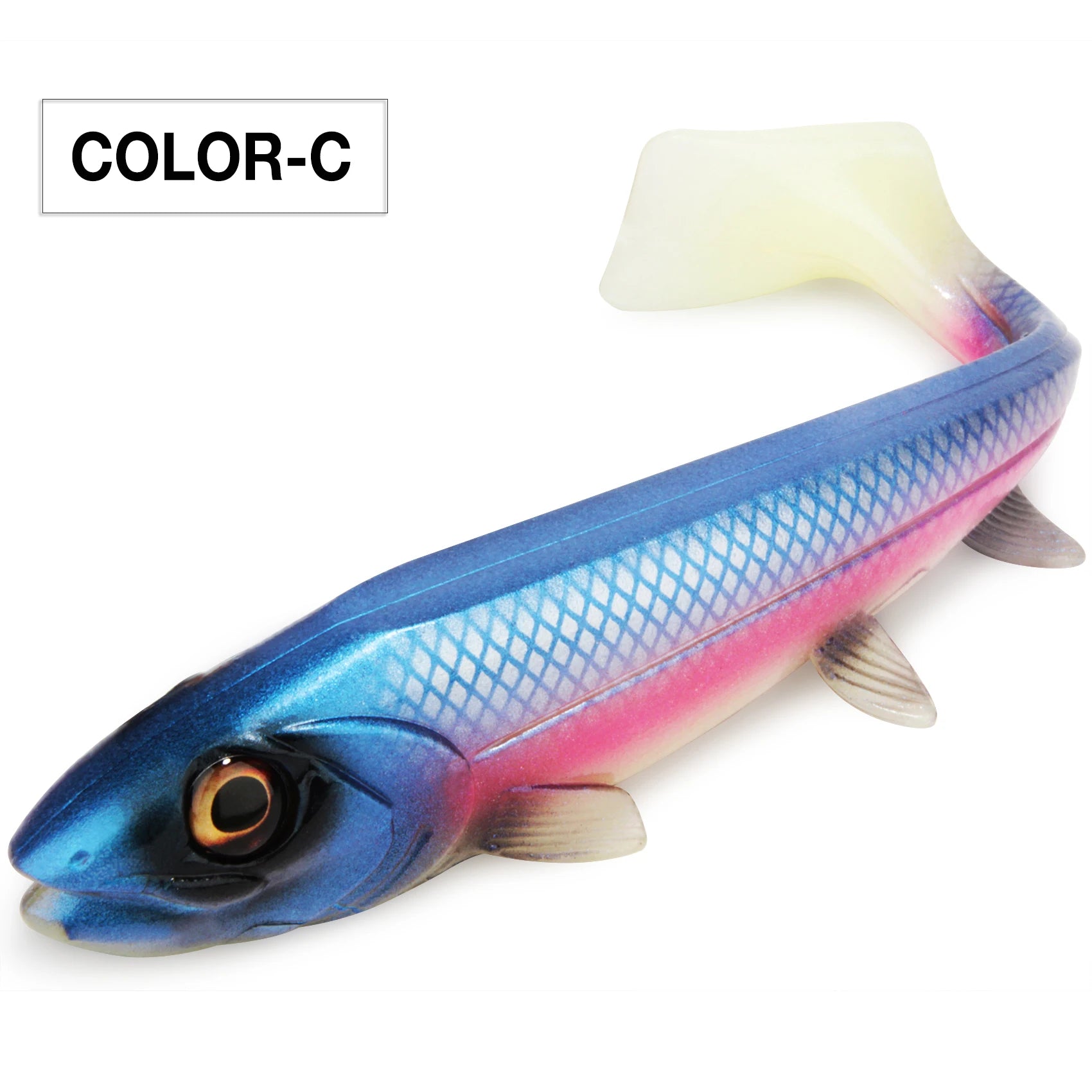 Spinpoler Bombshad Square Tail Swimbait – Premium soft fishing lure with a unique square tail paddle for maximum water displacement, lifelike 3D eyes, and realistic rolling action. Designed for catching big pike, bass, musky, walleye, and saltwater predators in lakes, rivers, reservoirs, and coastal waters.